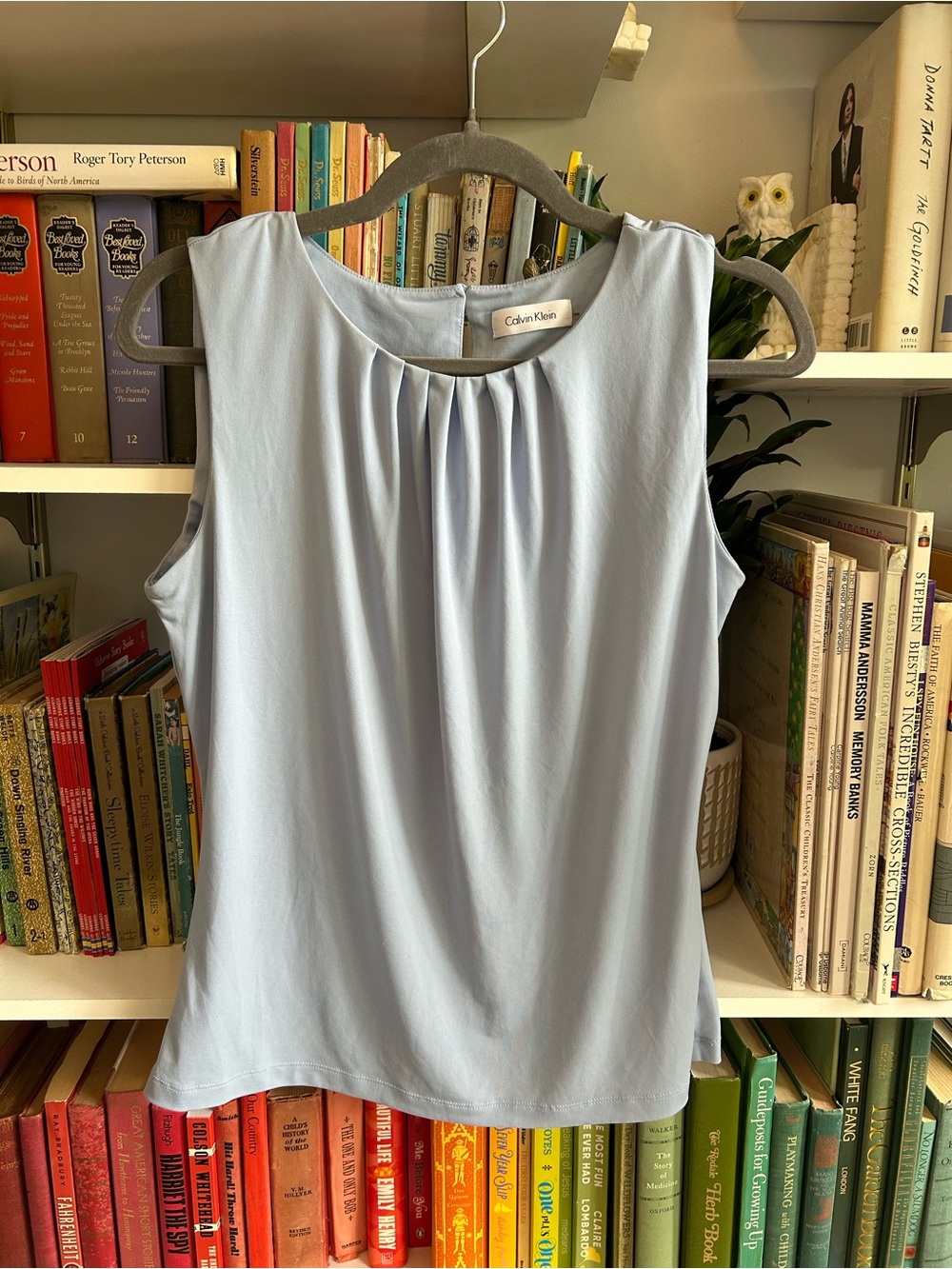 Calvin Klein Pale Blue Pleated Neck Sleeveless Shell Top